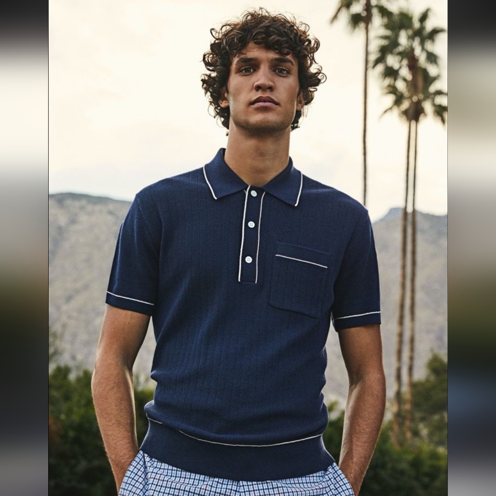 Todd Snyder Men's Navy Short-Sleeve Polo with White Contrast Piping